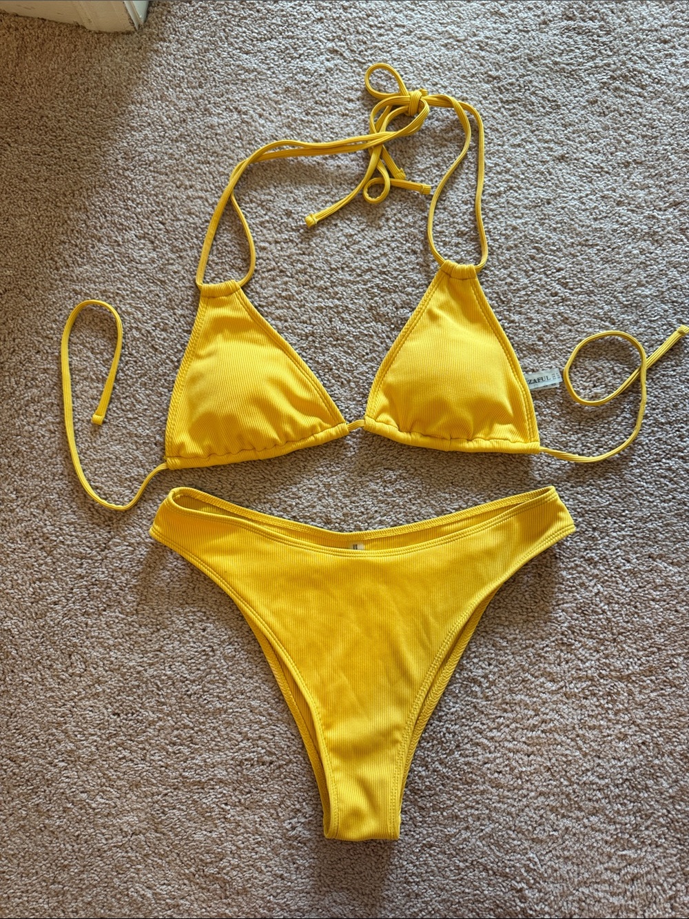 Zaful Bright Yellow Ribbed Triangle Bikini